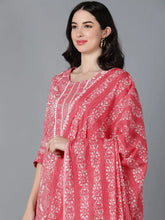 Women Pink Cotton Printed Kurta Trouser With Dupatta